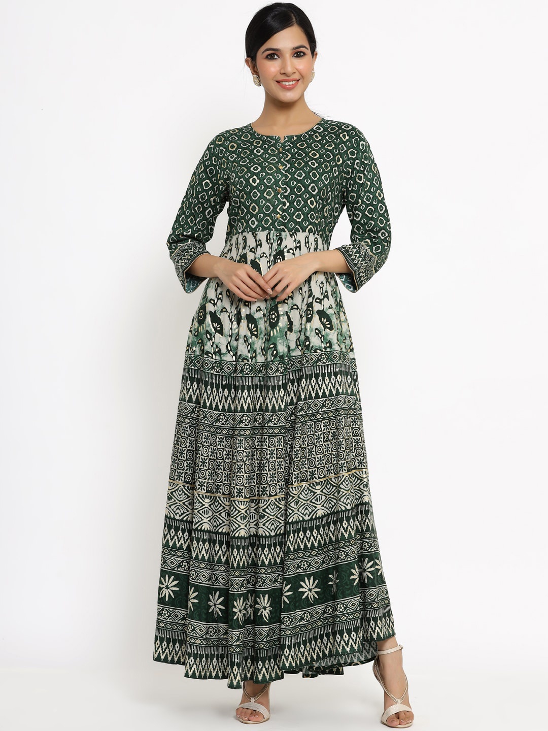 

Juniper Green Ethnic Motifs Printed Liva Maxi Dress