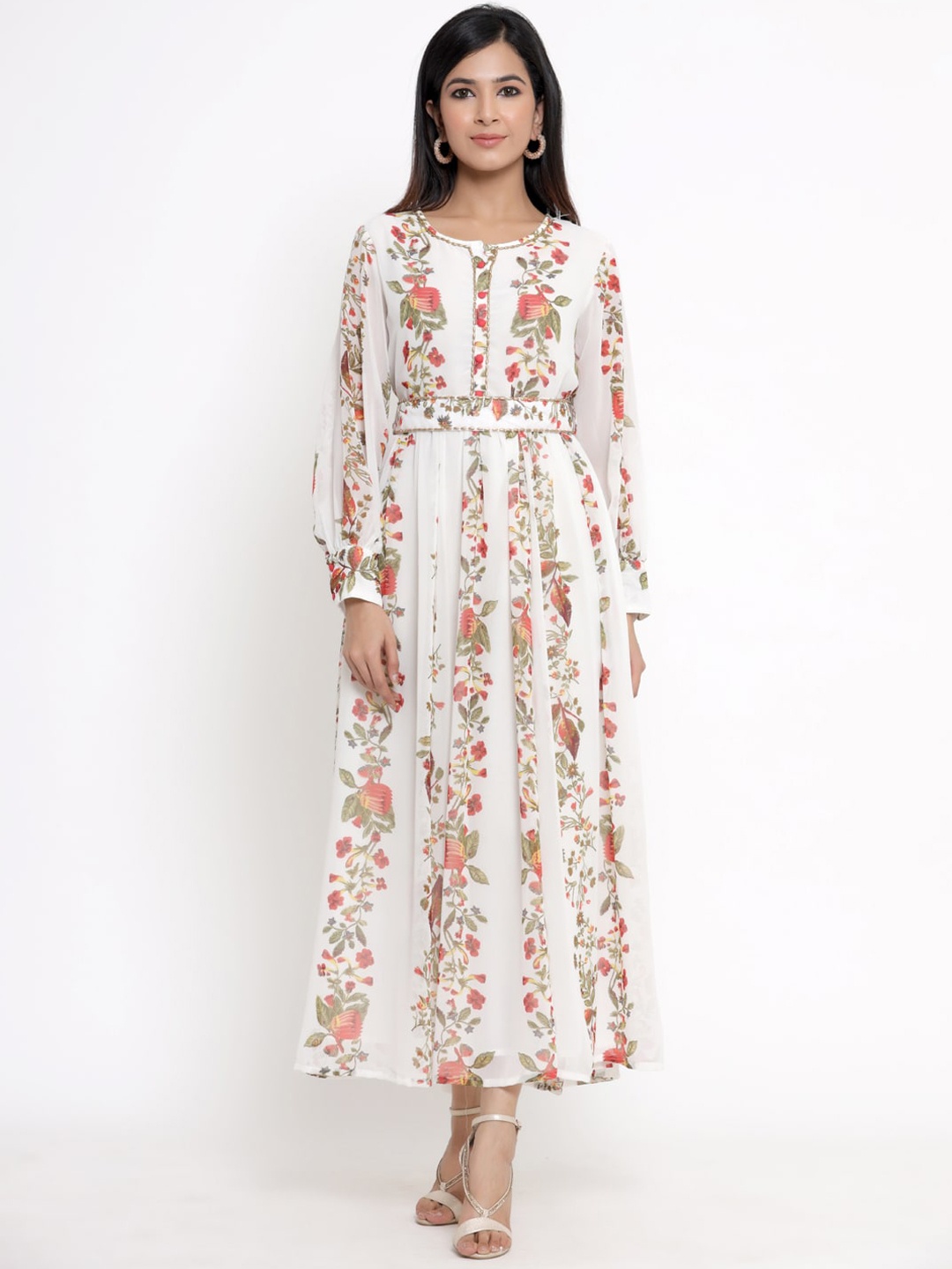 

Juniper Off White Floral Printed Chiffon Maxi Dress With Belt