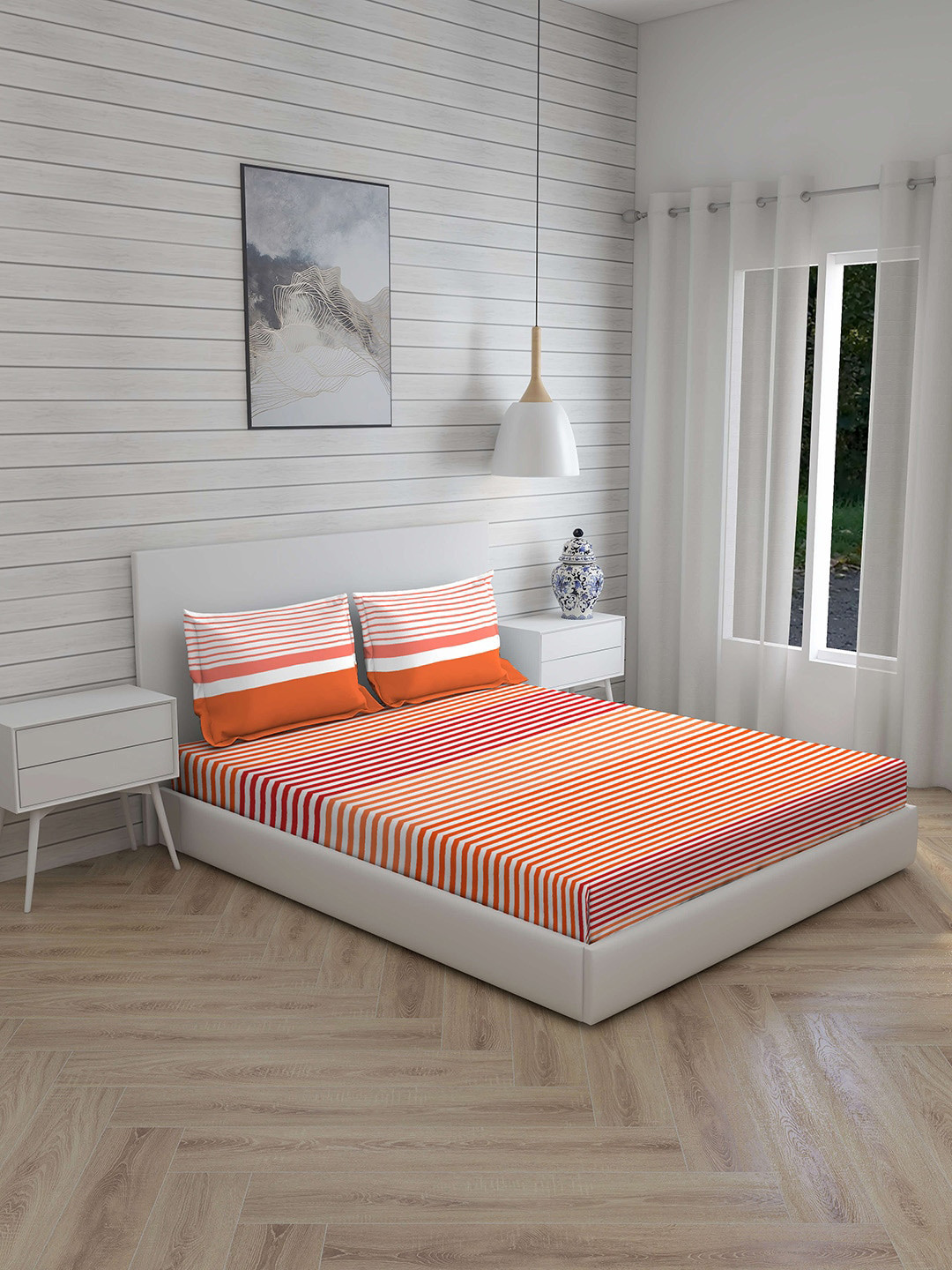 

Layers White & Orange Striped 144 TC Queen Bedsheet with 2 Pillow Covers