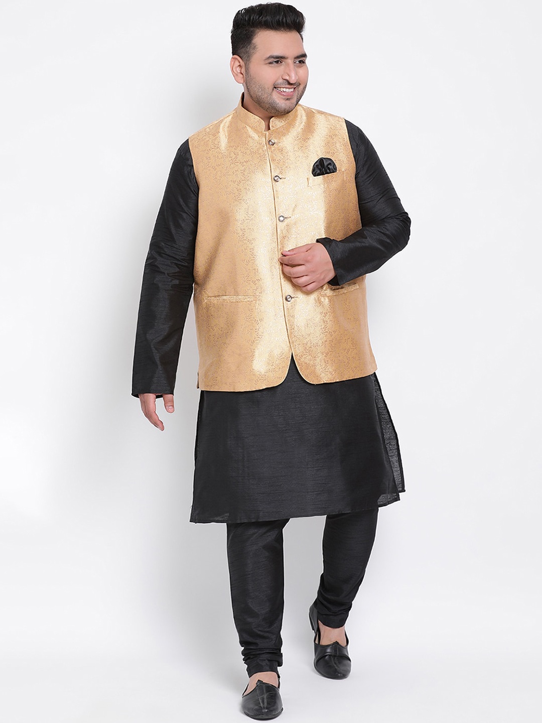 

hangup plus Men Multicoloured Dupion Silk Kurta with Churidar & Nehru Jacket, Multi