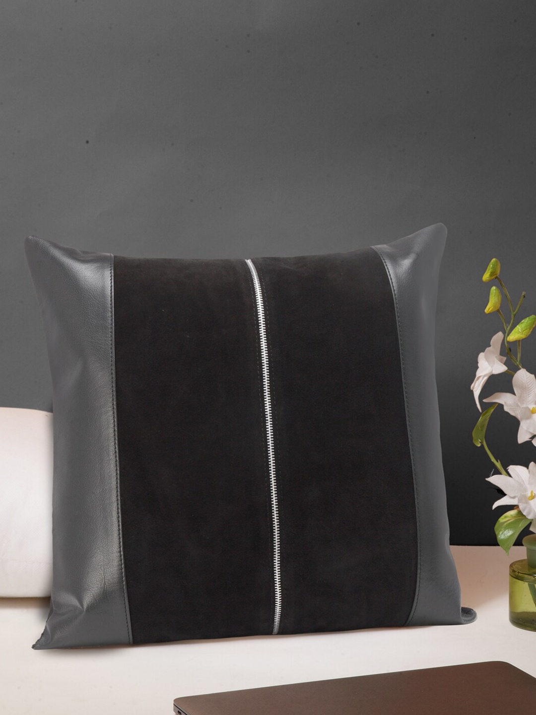 

IMUR Black & Grey Colourblocked Leather Square Cushion Cover