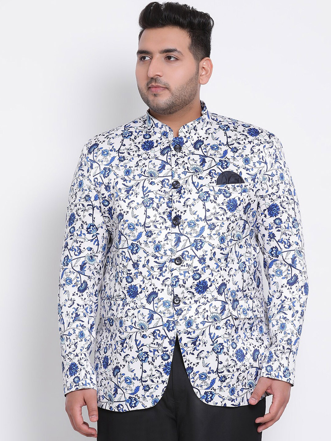 Hangup Men White & Blue Printed Bandhgala Blazer