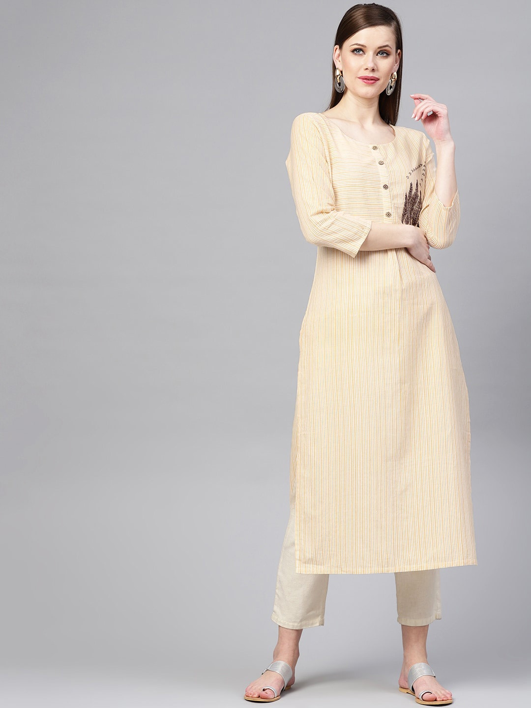

Varanga Women Off White Striped & Embroidered Straight Kurta