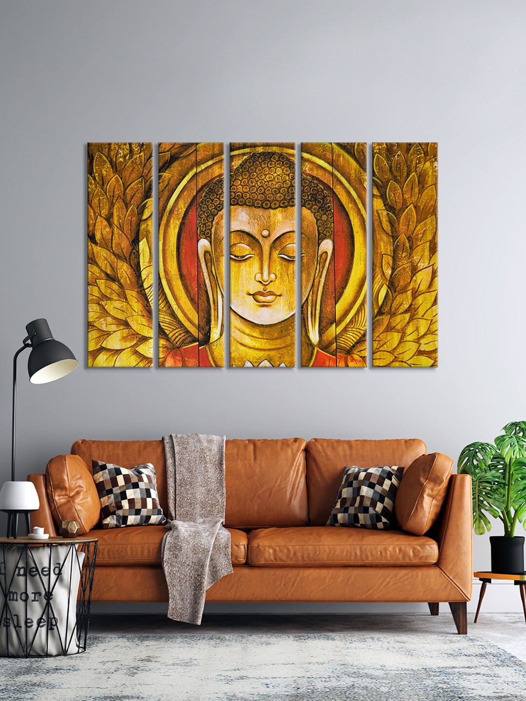 

999Store Set Of 5 Yellow & Brown Buddha Face Yellow Color Wall Art Frames