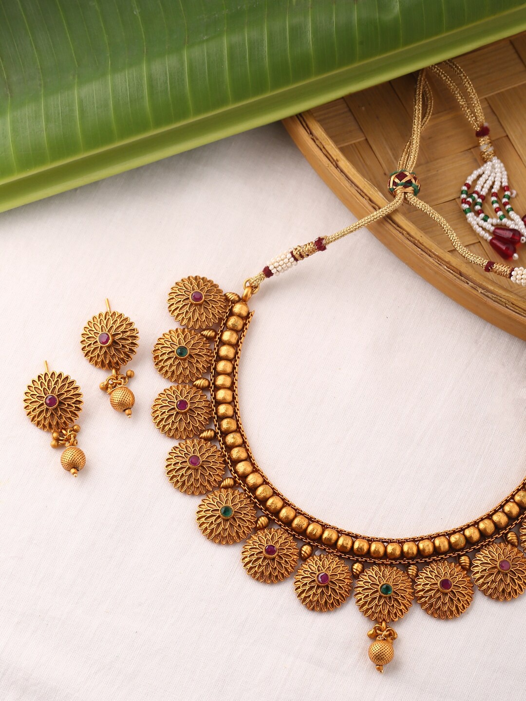 

Shoshaa Gold-Plated Magenta Pink & Green Stone-Studded Handcrafted Jewellery Set