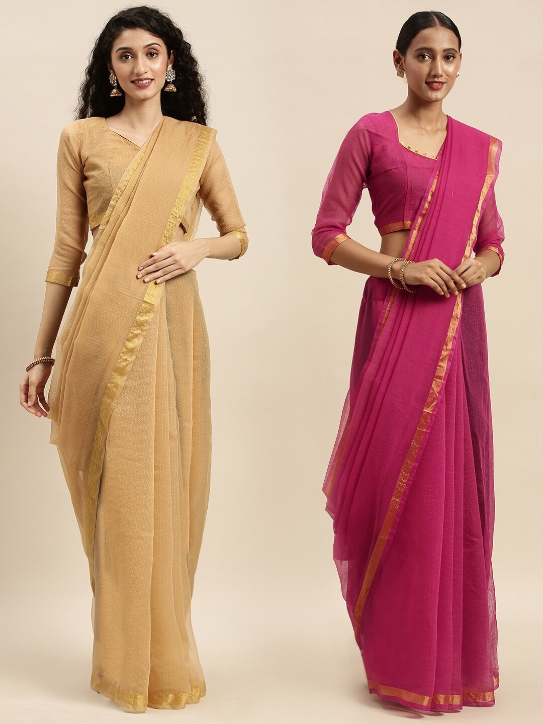 

KALINI Pack Of 2 Art Silk Saree, Beige