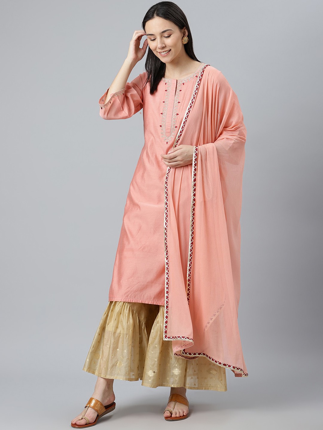 

Libas Women Pink Yoke Design Thread Work Chanderi Silk Kurta with Sharara & With Dupatta