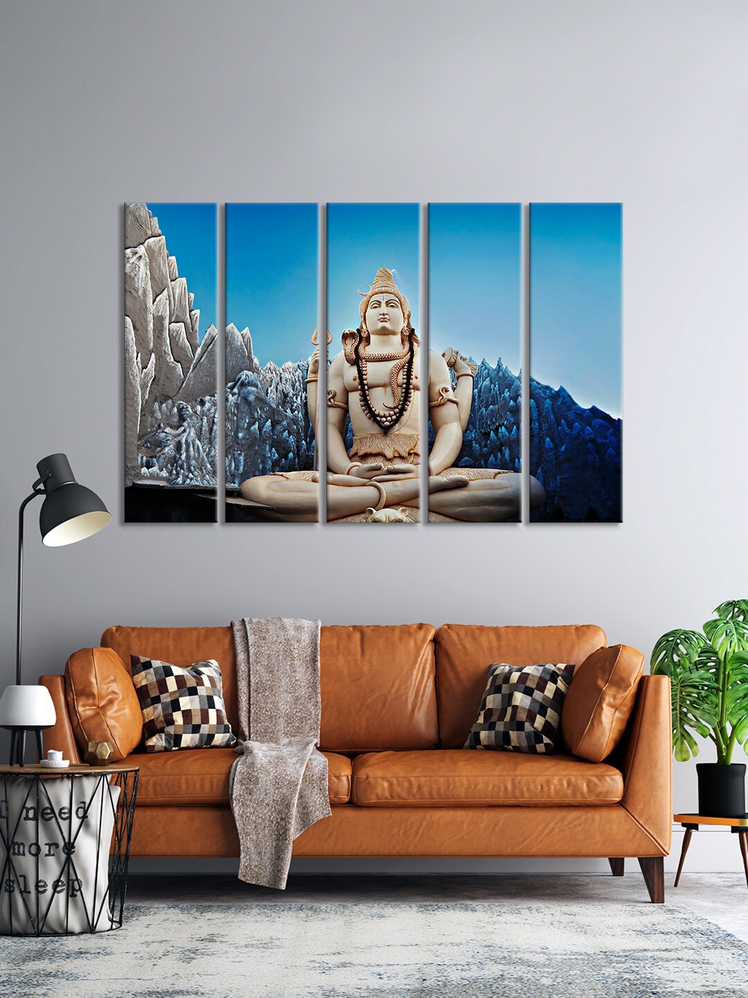 

999Store Set Of 5 Blue & Grey Lord Shiva Meditating Printed Wall Paintings