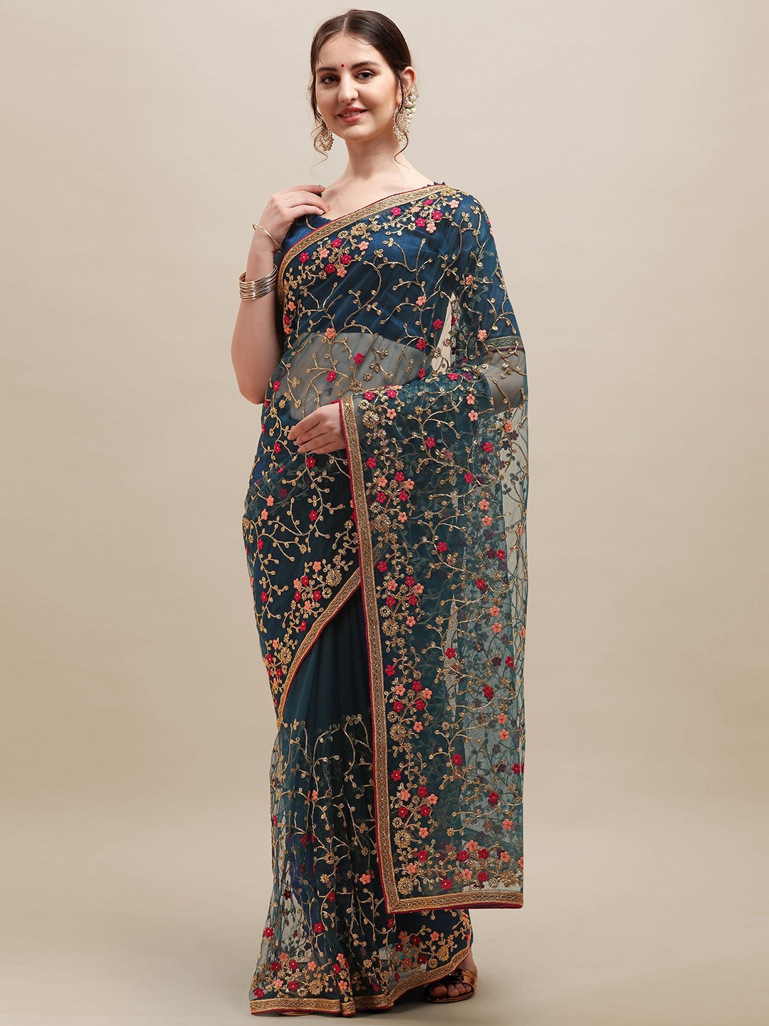 

RAJGRANTH Blue & Red Floral Embroidered Net Ready to Wear Saree
