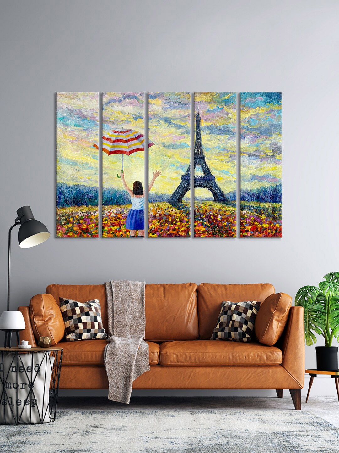 

999Store Set Of 5 Yellow & Blue Eiffel Tower Flowers With Lady View Framed Wall Art