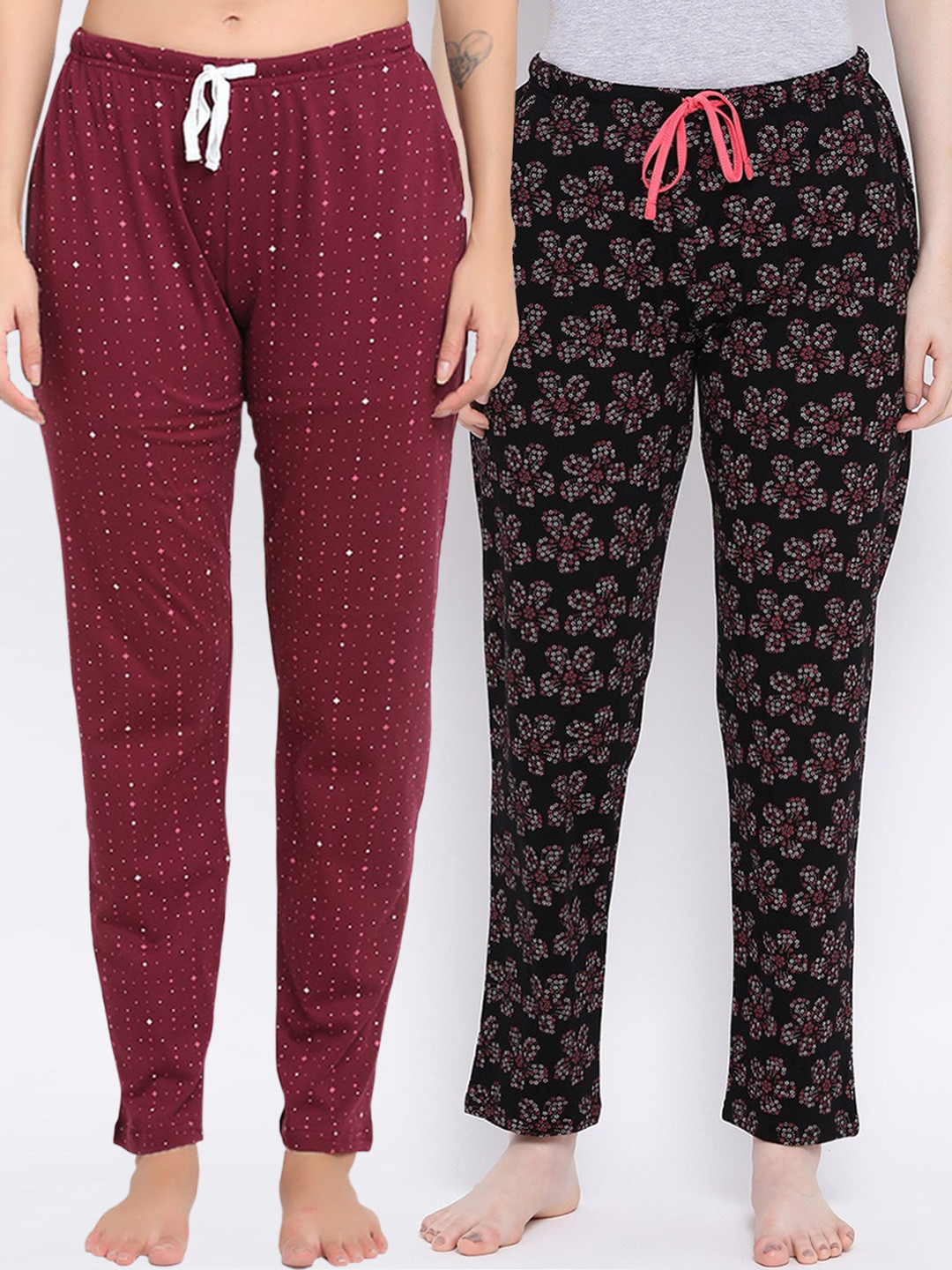 

Kanvin Women Pack Of 2 Maroon & Black Printed Pure Cotton Lounge Pants