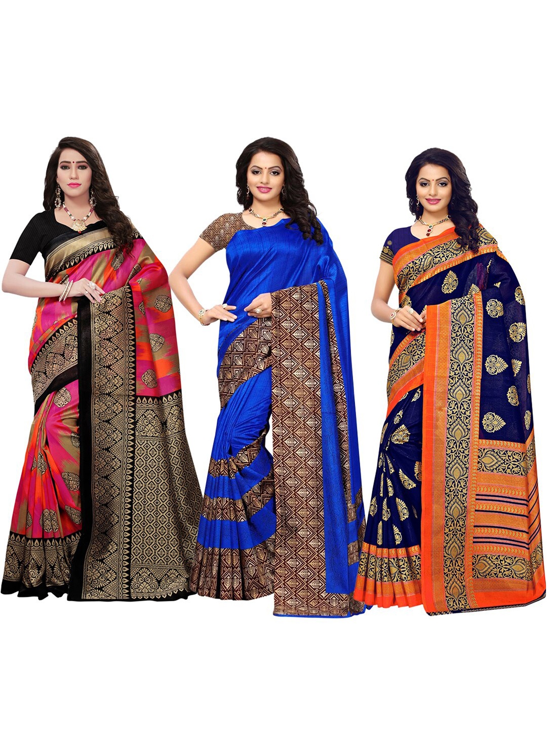 KALINI Blue Pochampally Pack of 3 Saree