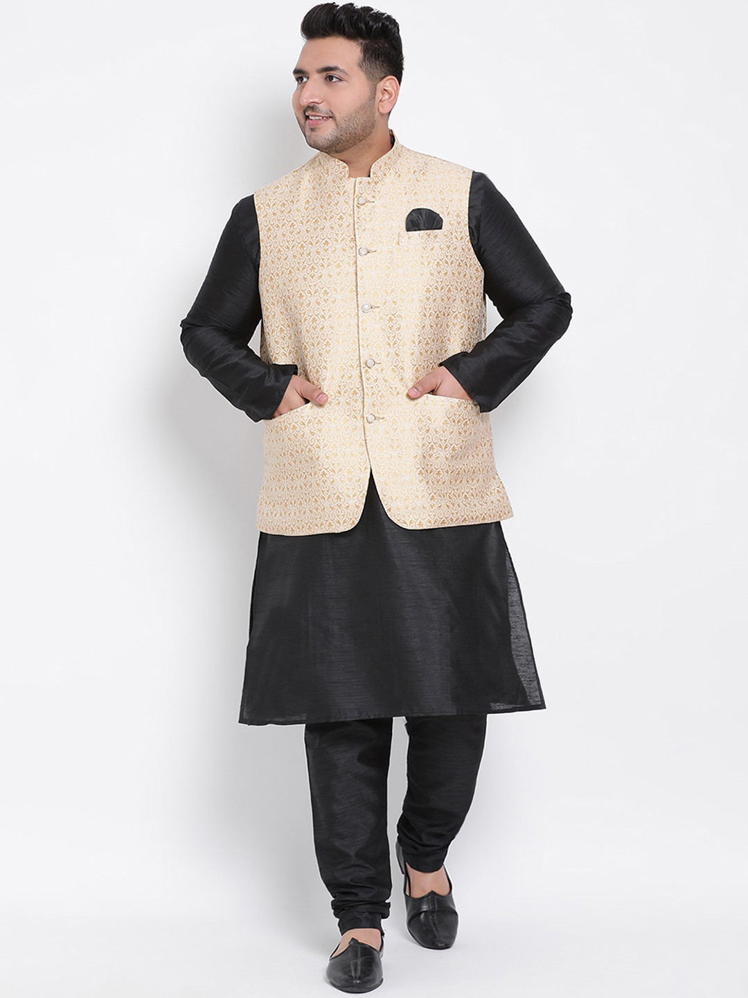 

hangup plus Men Black Dupion Silk Kurta with Churidar Nehru Jacket