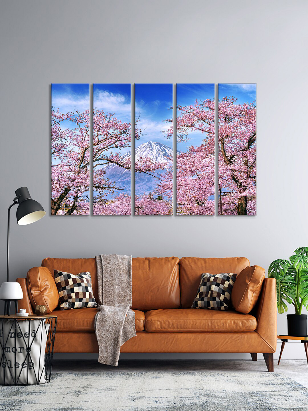 

999Store Set Of 5 Blue & Pink Mountains With Tree Printed Wall Paintings