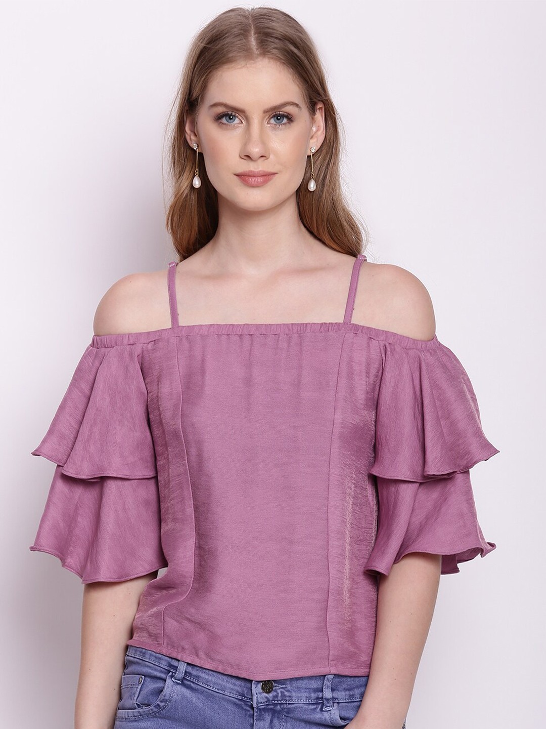

Zink London Purple Solid Off-Shoulder Bardot Top