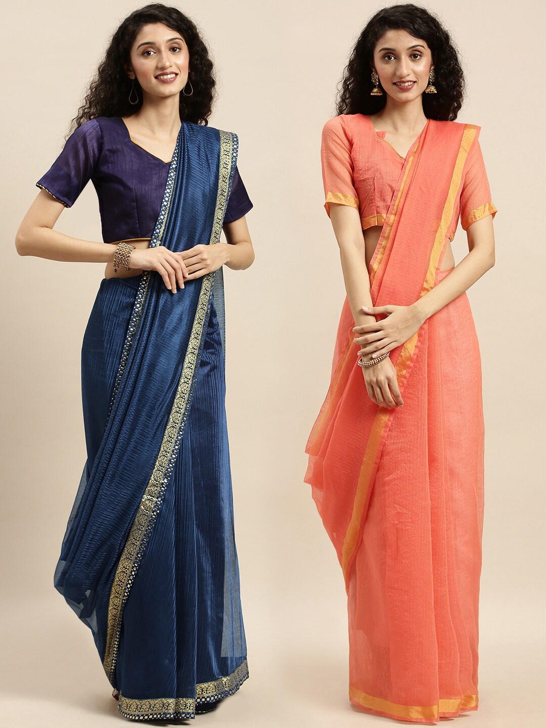 

KALINI Women Set of 2 Navy Blue & Peach-Coloured Art Silk Printed Saree