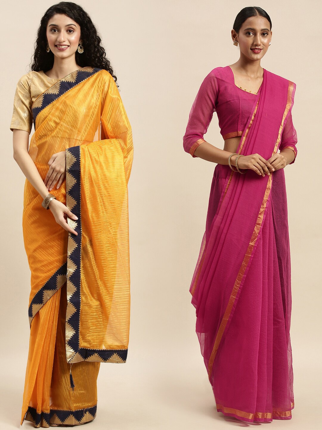 

KALINI Pack Of 2 Yellow & Pink Art Silk Saree