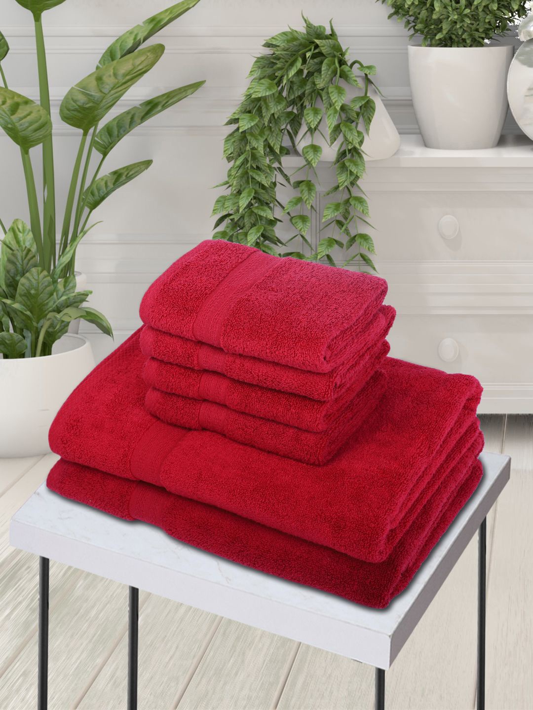 

BIANCA Set Of 6 Red Solid 380 GSM Pure Combed Cotton Terry Towels