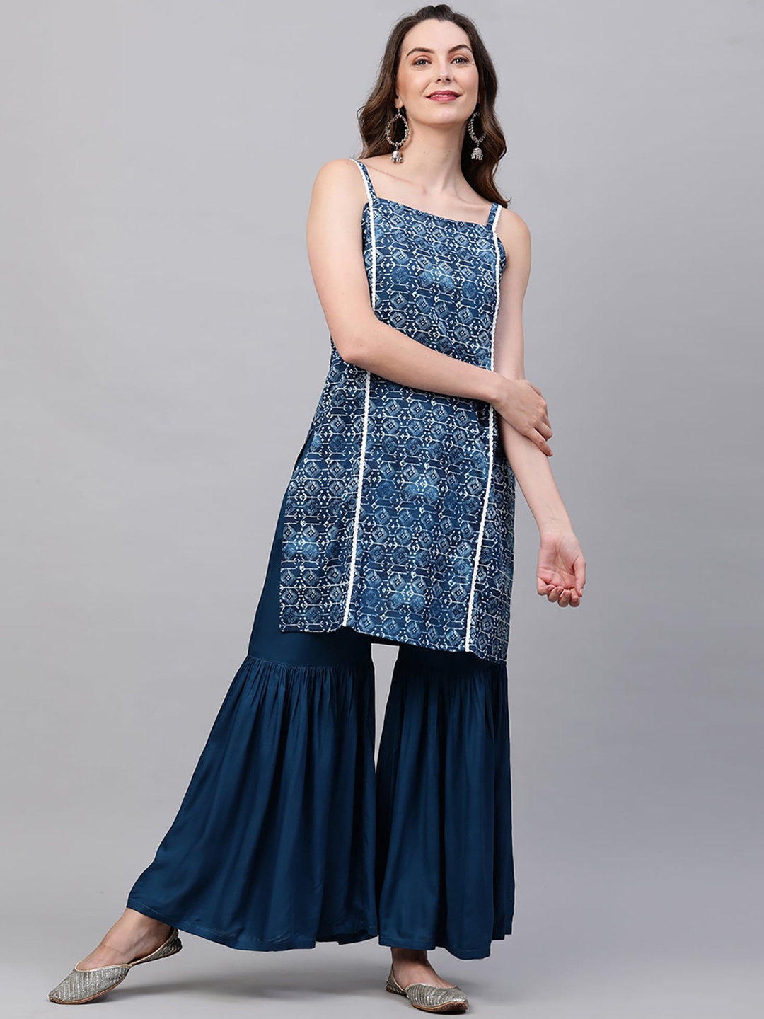 

Indo Era Women Blue Ethnic Motifs Printed Pure Cotton Kurta with Sharara