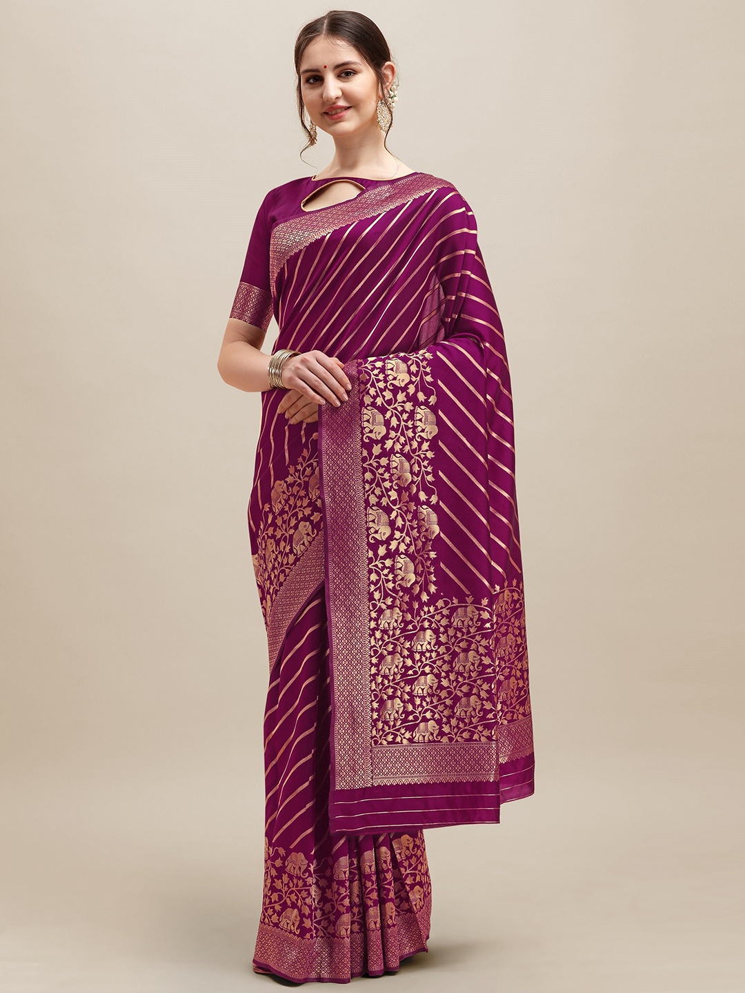 

RAJGRANTH Purple & Gold-Toned Ethnic Motifs Zari Silk Cotton Banarasi Saree