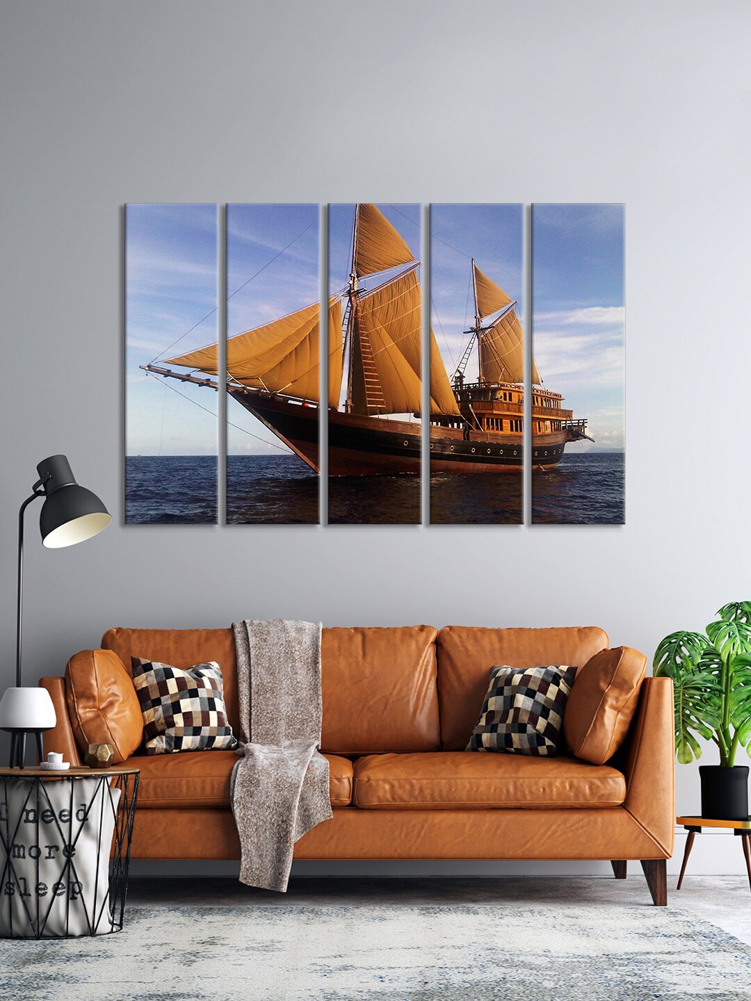 

999Store Set Of 5 Brown & Blue Old Ship In The Sea Tourists And Crew Ride Wall Art Frames
