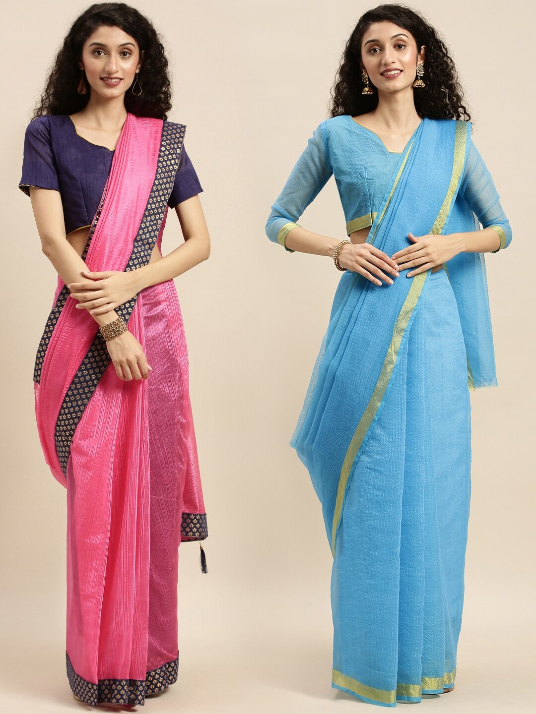 

KALINI Set of 2 Pink & Turquoise Blue Art Silk Sarees