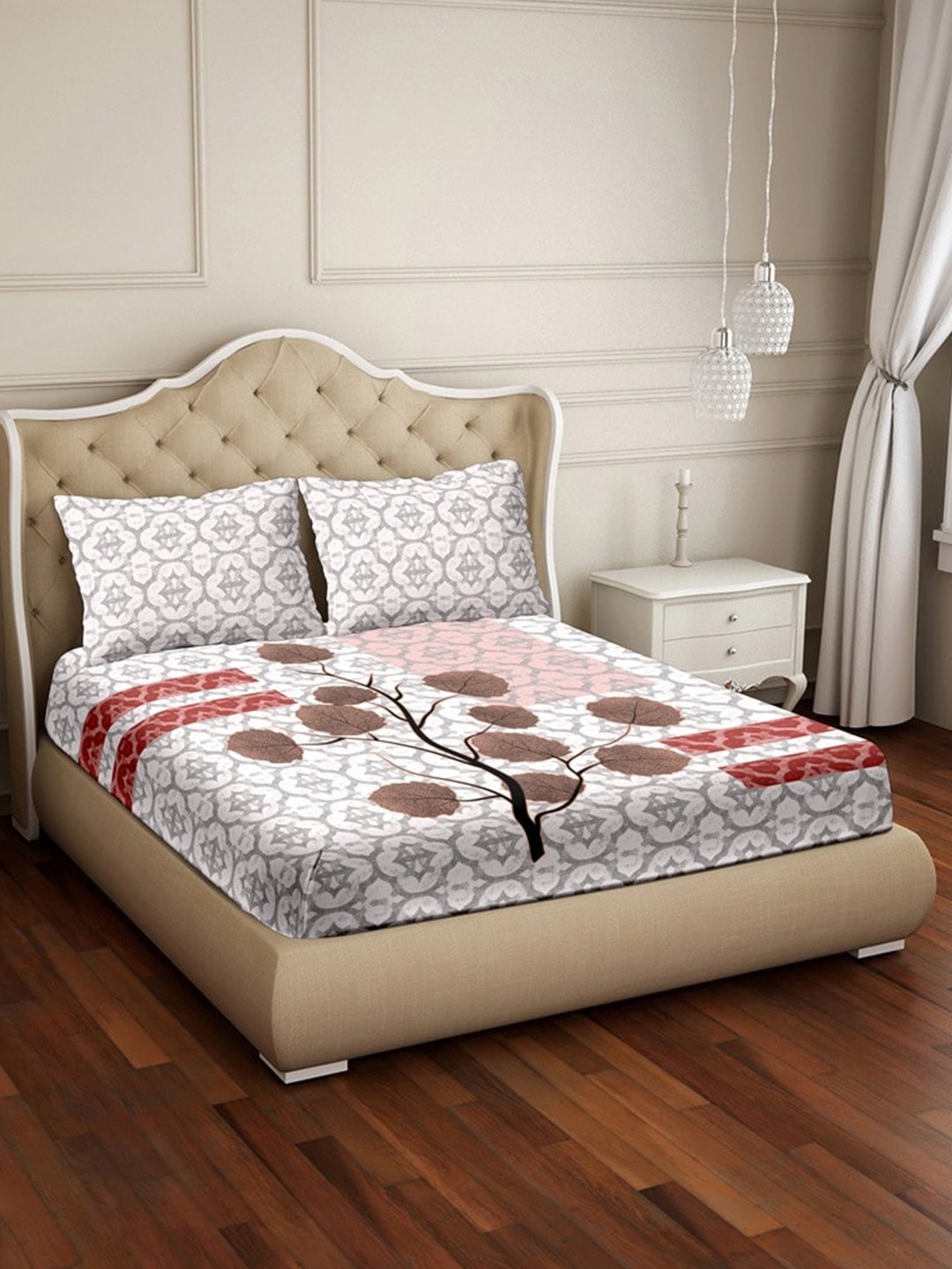 

BELLA CASA Red & Brown Floral 250 TC Cotton King Bedsheet with 2 Pillow Covers
