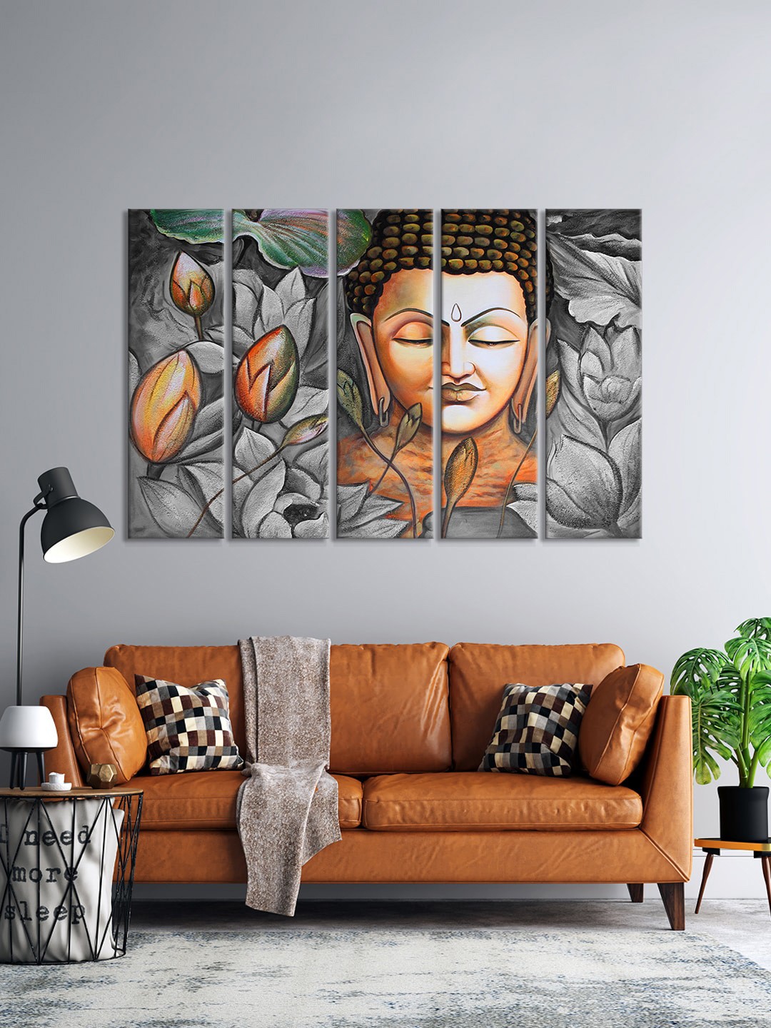 

999Store Set Of 5 Grey & Brown Buddha Face With Flowers Printed Wall Paintings