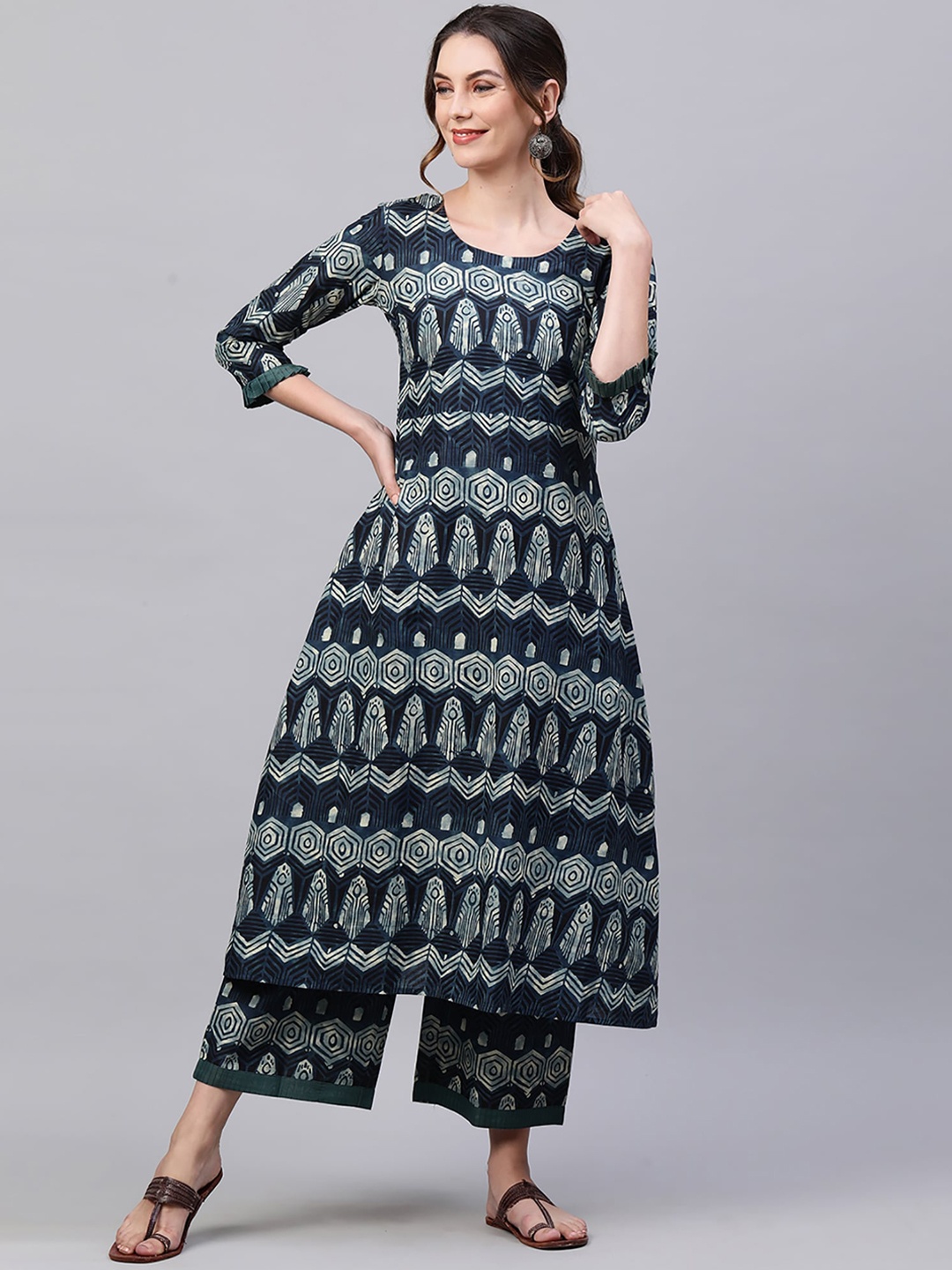 

Indo Era Women Teal Printed Pure Cotton Kurta with Palazzos