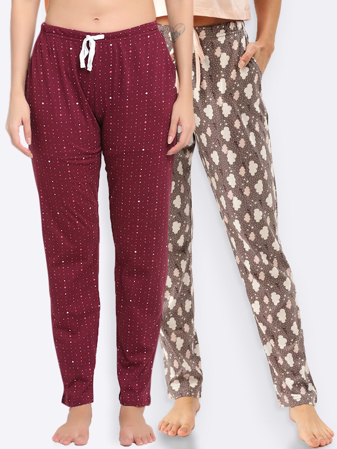 

Kanvin Women Pack Of 2 Maroon & Brown Printed Pure Cotton Lounge Pants