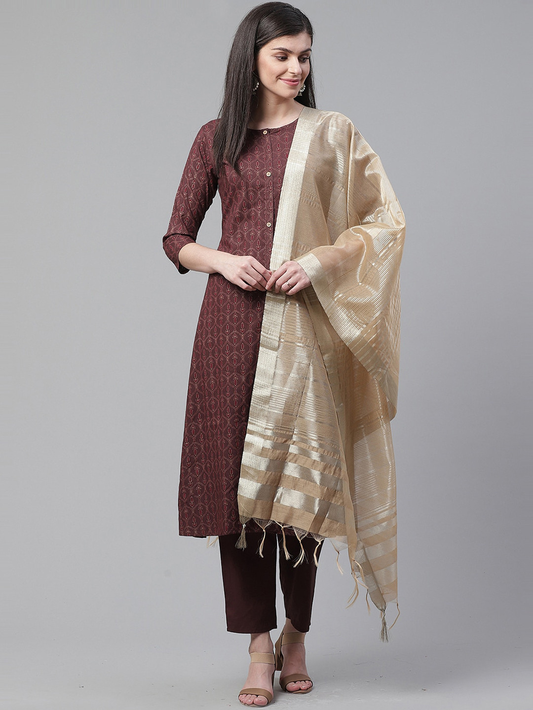 

Indo Era Women Brown Striped Panelled Kurti with Trousers & With Dupatta