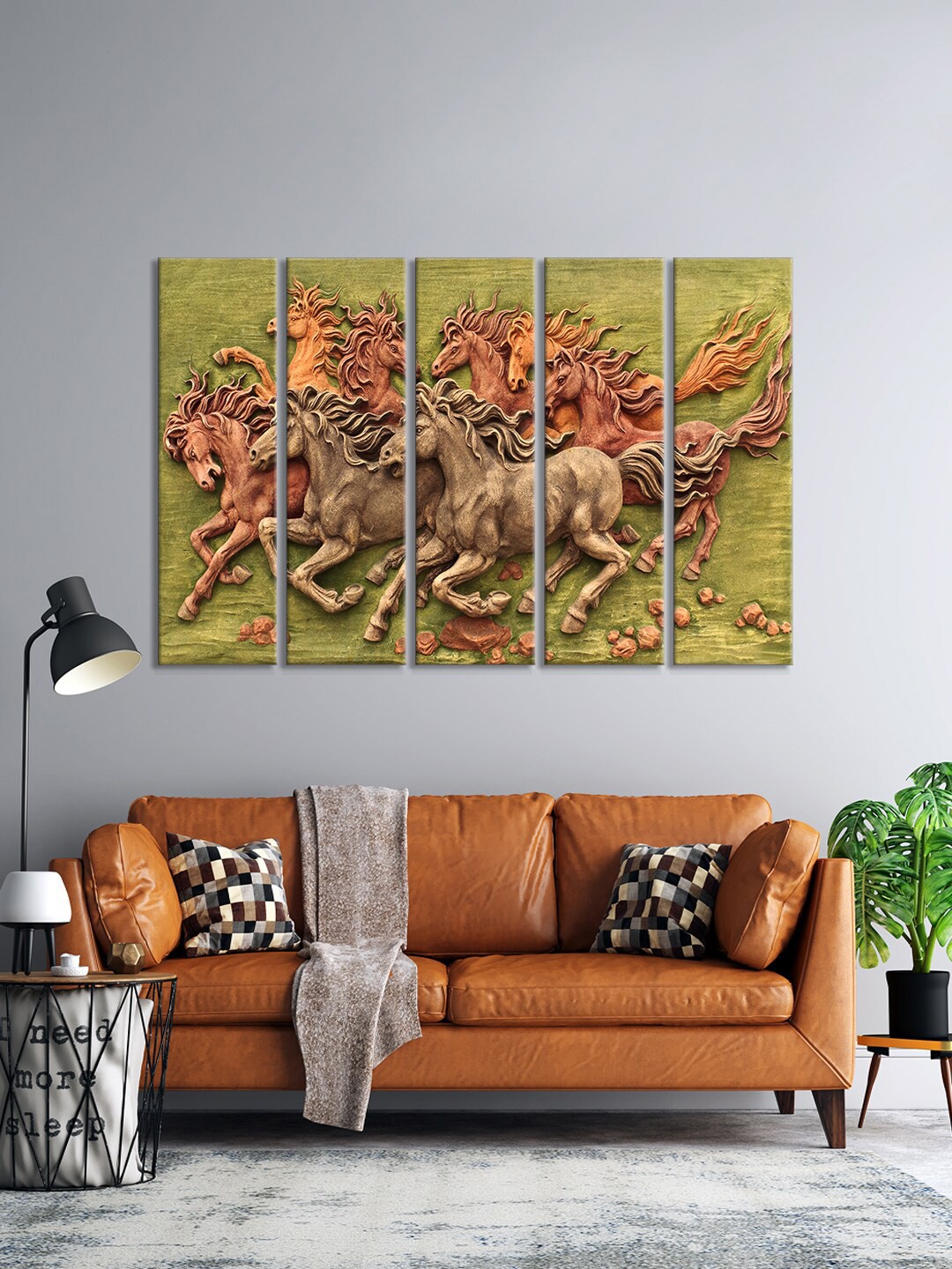 

999Store Set Of 5 Camel Brown & Green Running Horse Printed Wall Paintings