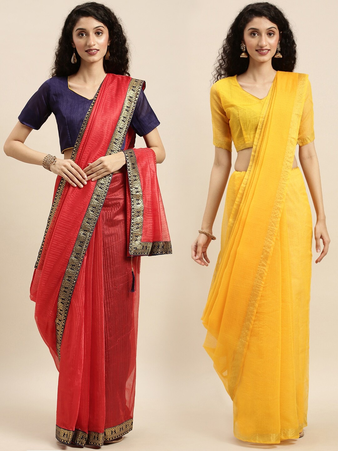 

KALINI Pack Of 2 Red & Yellow Art Silk Saree