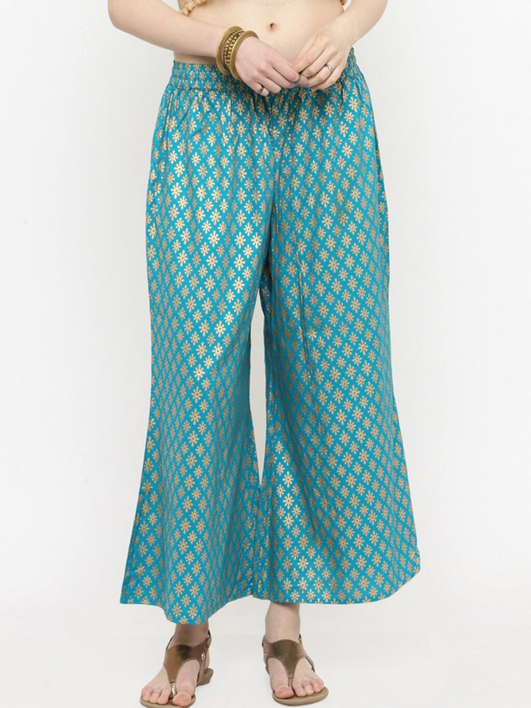 

Varanga Women Teal Green & Gold Ethnic Motifs Printed Palazzos