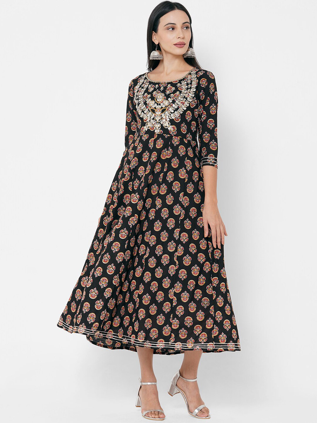 

FASHOR Black & Mustard Yellow Ethnic Motifs Maxi Dress