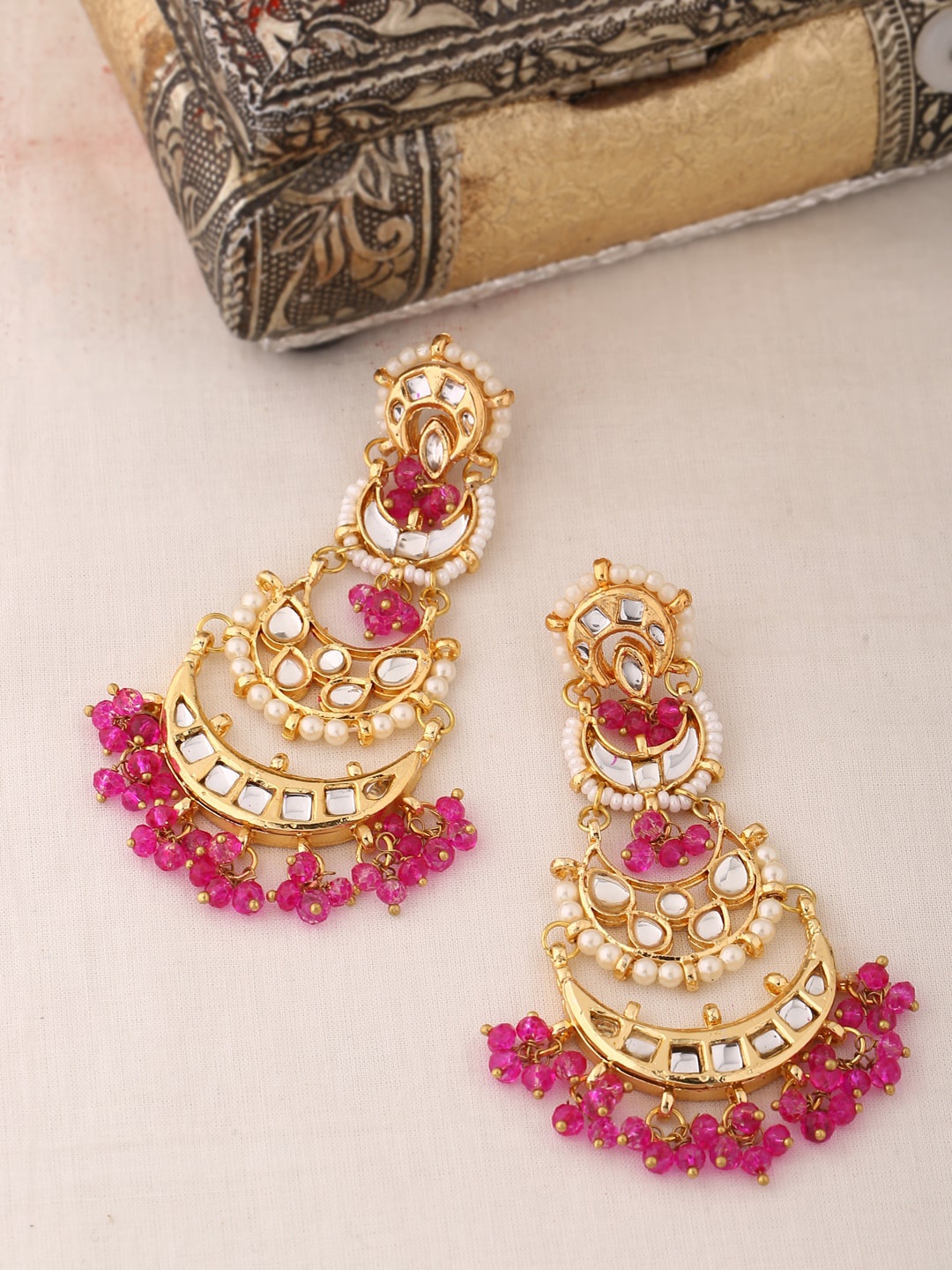

Shoshaa Gold-Toned & Pink Crescent Shaped Chandbalis Earrings