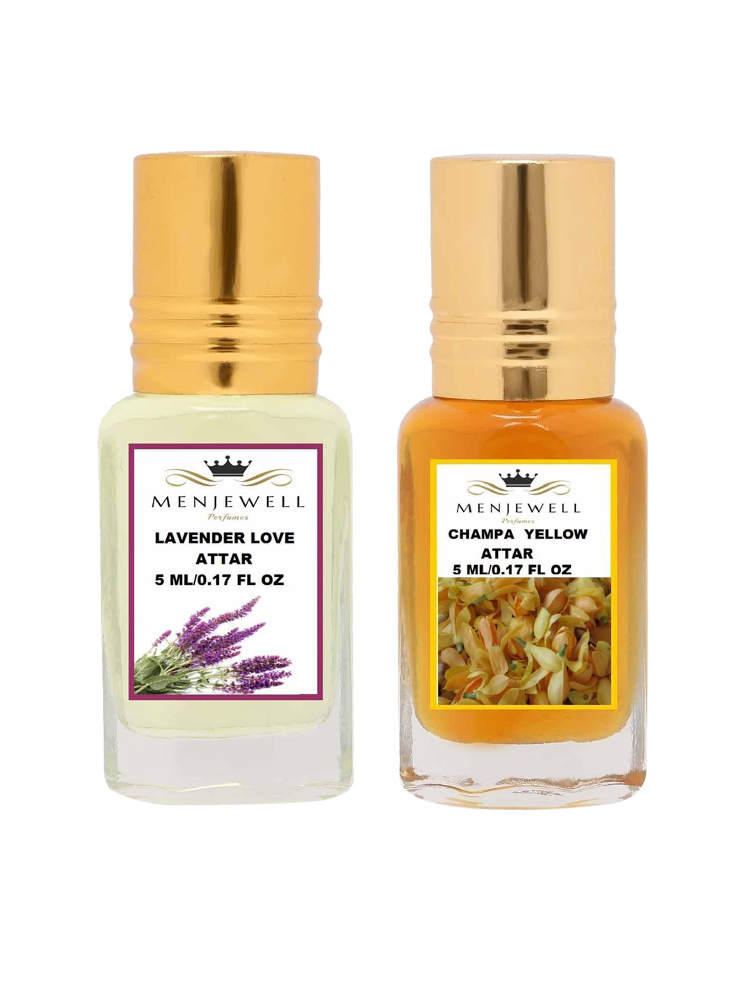 

Menjewell Set of 2 Lavender Love & Champa Yellow Attar 10 ml, Transparent