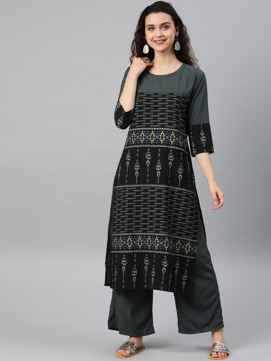 

ZIYAA Women Grey Printed Crepe Round-Neck Kurta