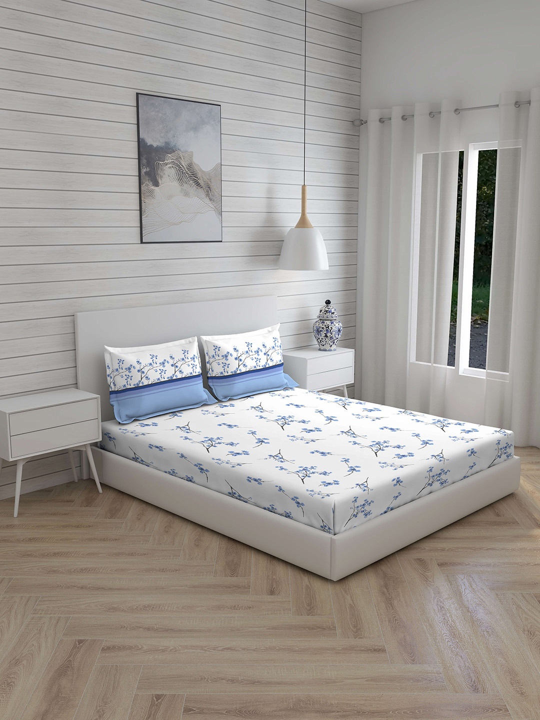 

Layers White & Blue Floral 144 TC Queen Bedsheet with 2 Pillow Covers