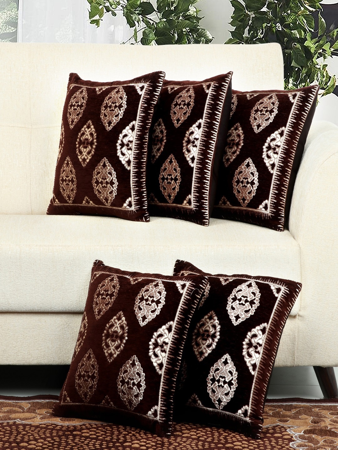 BELLA TRUE Set Of 5 Brown & White Ethnic Motifs Square Cushion Covers