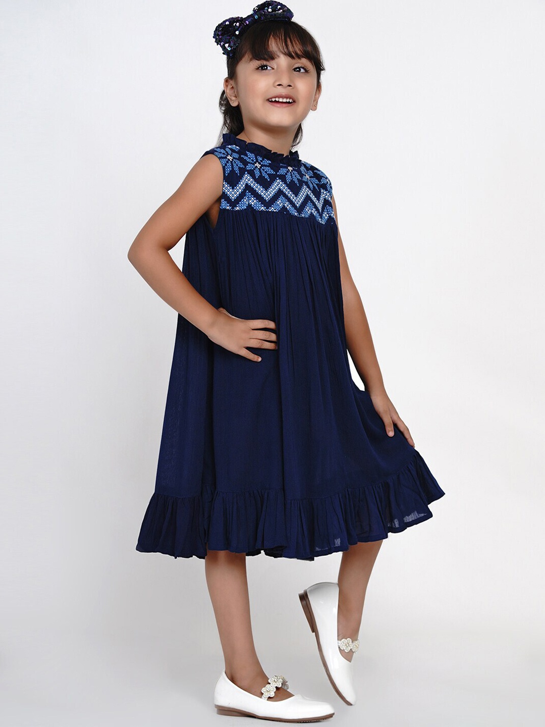 

Bitiya by Bhama Girls Navy Blue Floral Embroidered A-Line Dress