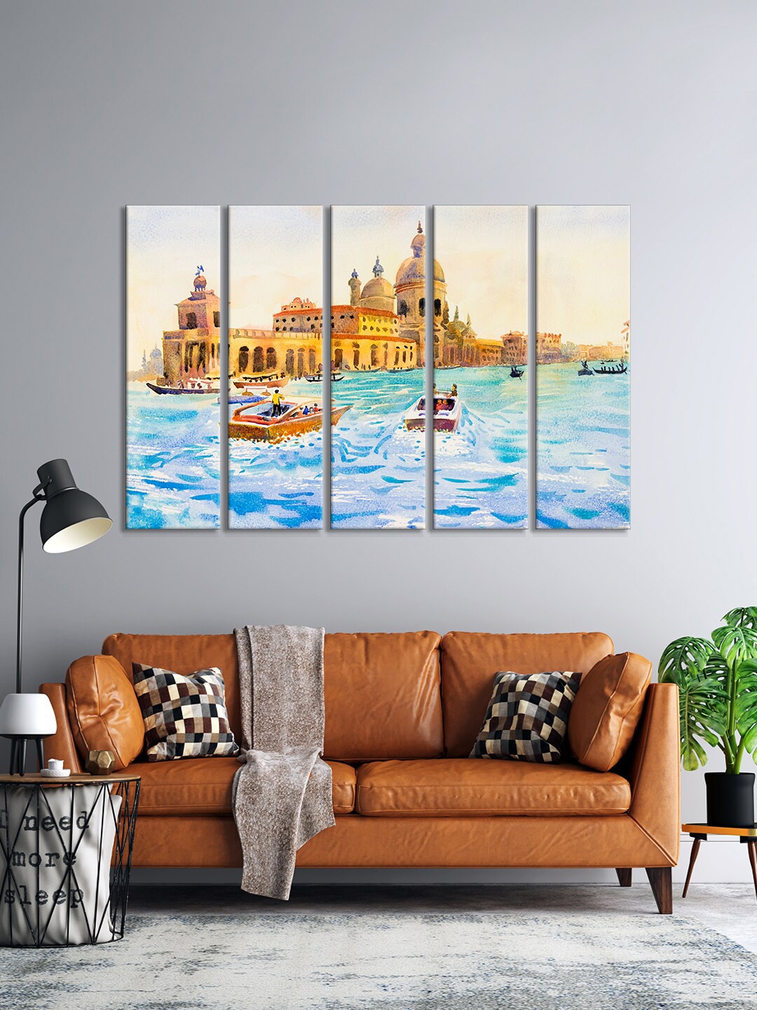

999Store Set Of 5 Yellow & Blue Temple With River Item Art Wall Art Frames