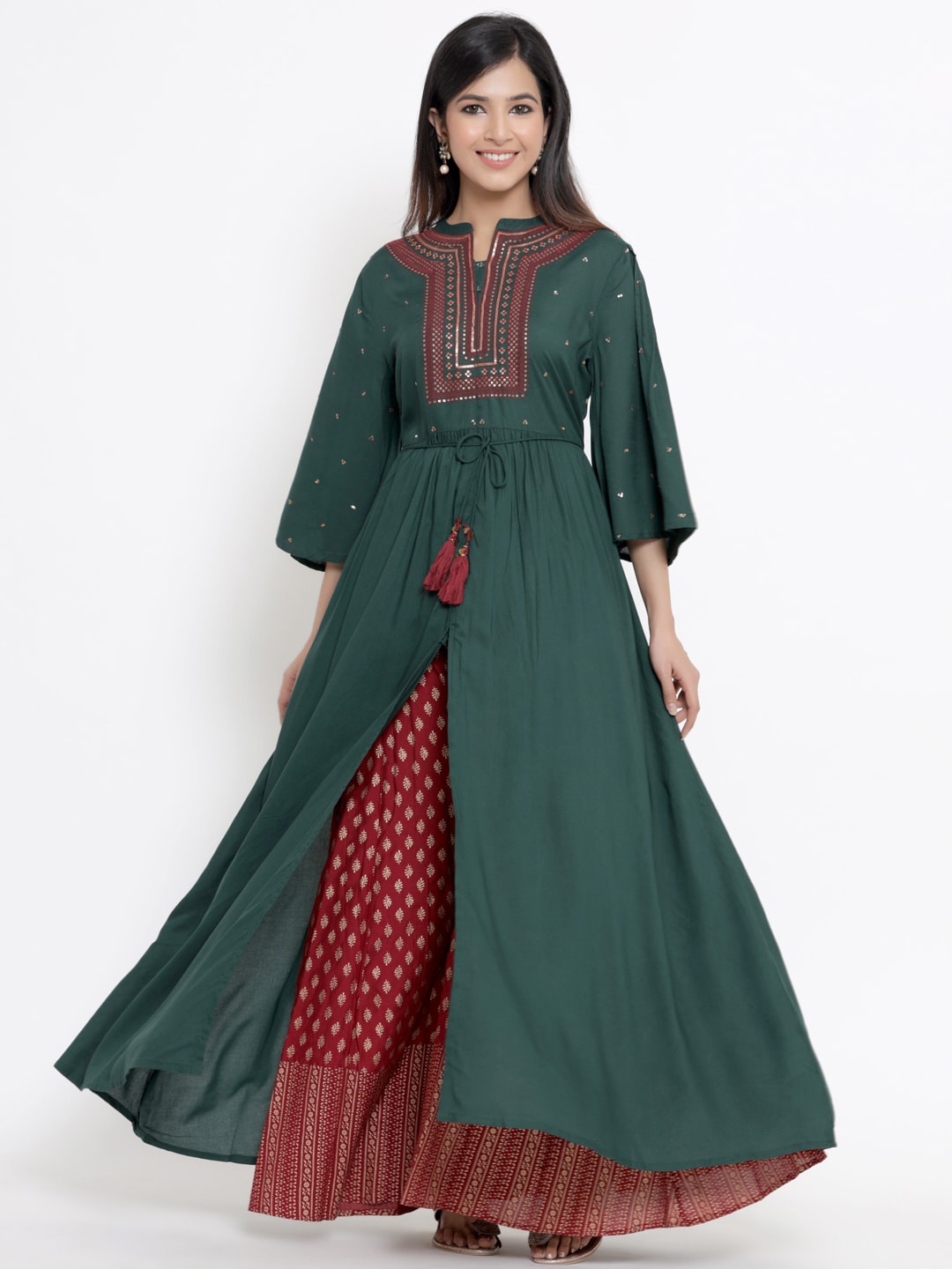 

Juniper Women Green & Maroon Embroidered A-Line Kurta With Palazzo