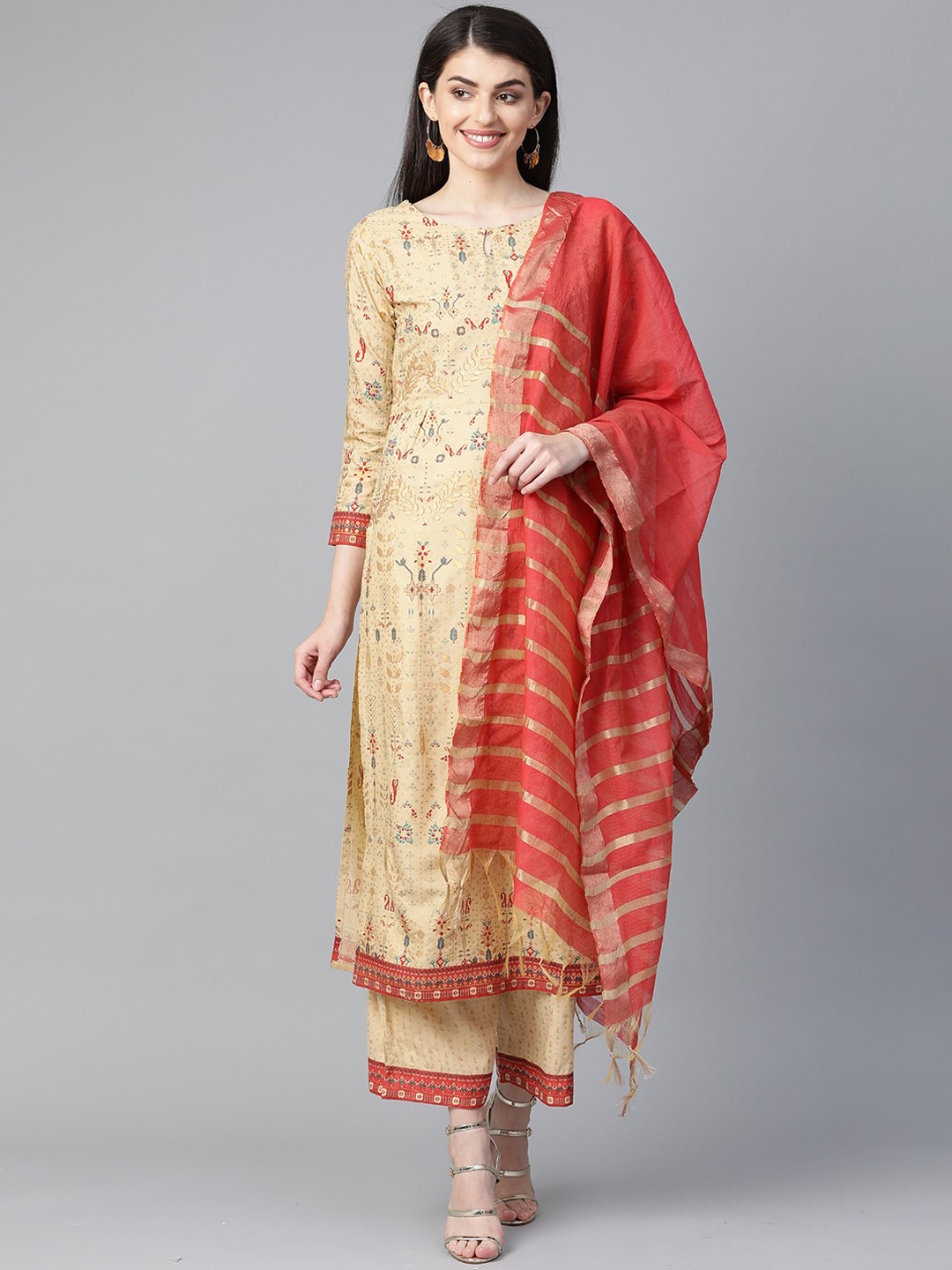 

Indo Era Women Beige Ethnic Motifs Foil Printed Kurta with Palazzos & Dupatta