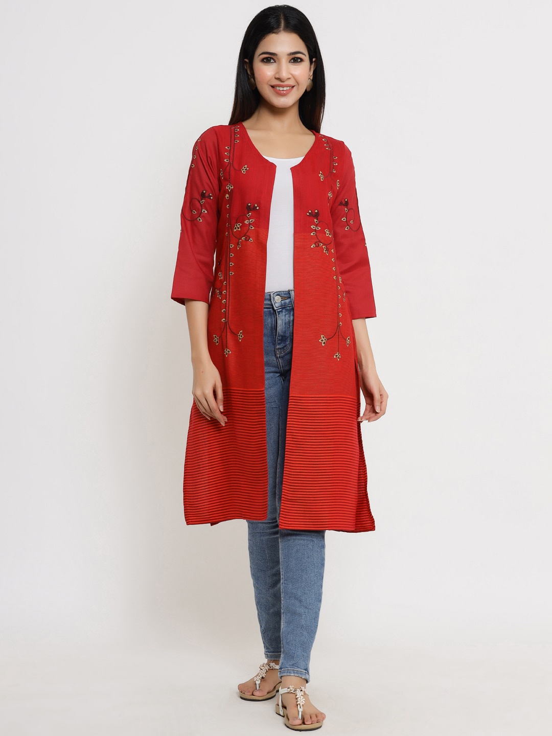 

Sangria Women Red Embroidered Longline Shrug