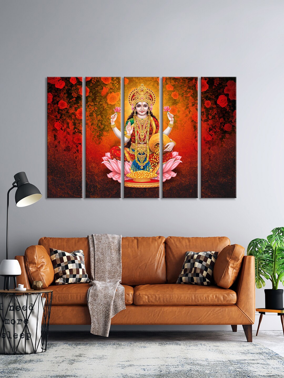 

999Store Set Of 5 Red & Black Indian God Laxmi Mata Pooja Printed Wall Paintings