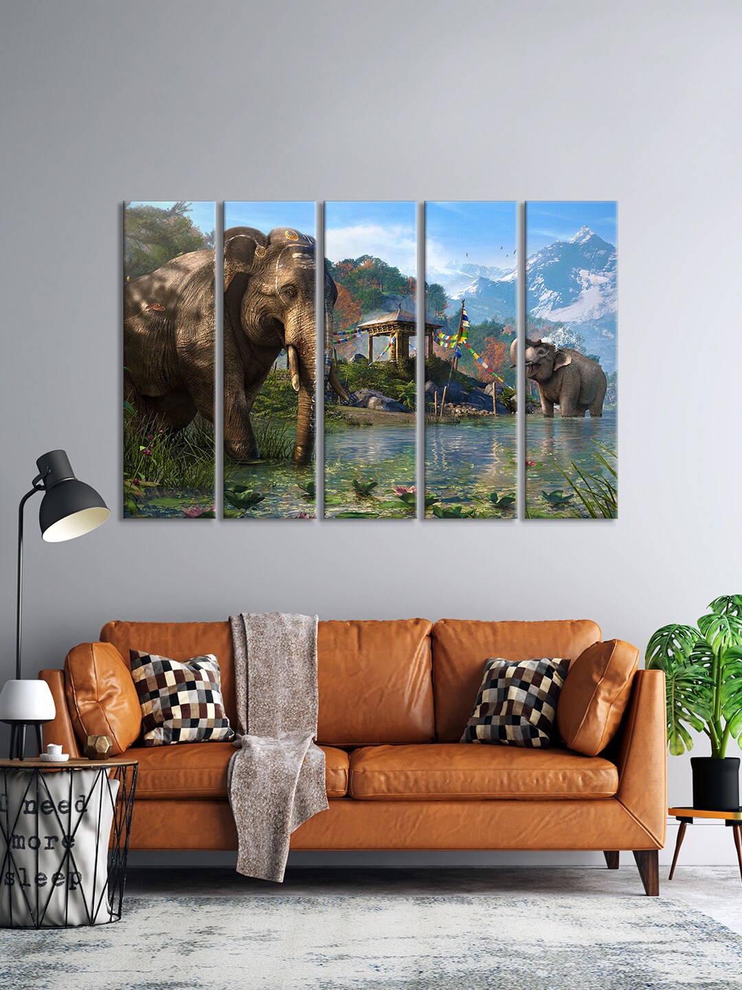 

999Store Set Of 5 Blue & Green Waterfall Elephant Wall Art Frames