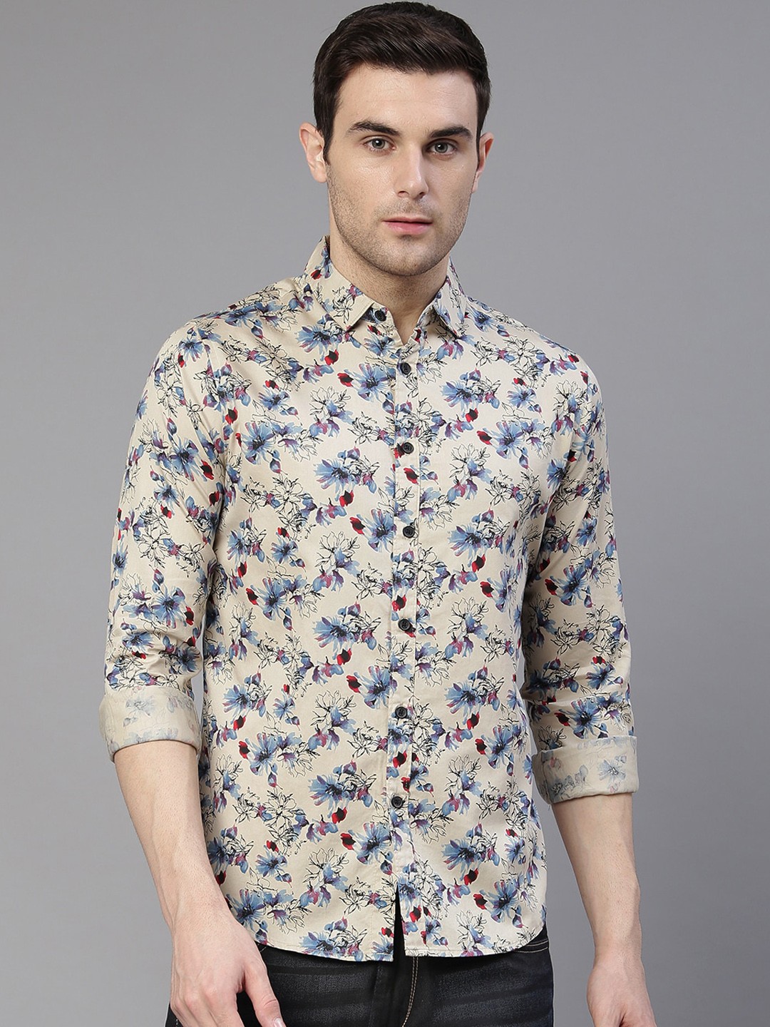 

Dennis Lingo Men Beige Comfort Slim Fit Floral Printed Pure Cotton Casual Shirt
