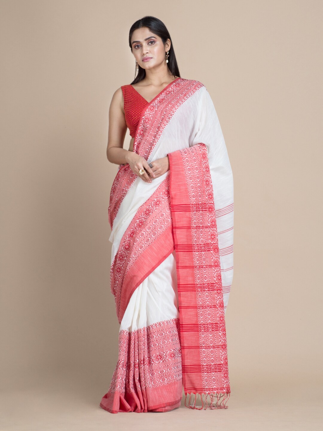 

Mitera White & Red Woven Design Pure Cotton Saree