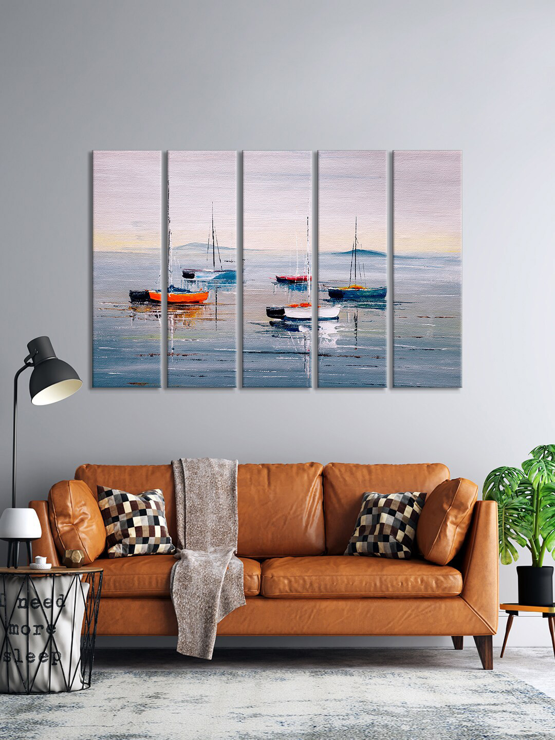 

999Store Set Of 5 Grey & Blue Ocean And Boat Printed Wall Paintings